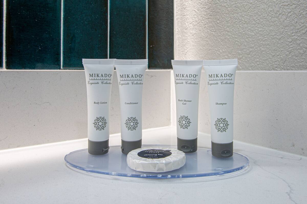 shower, free toiletries, hair dryer, towels