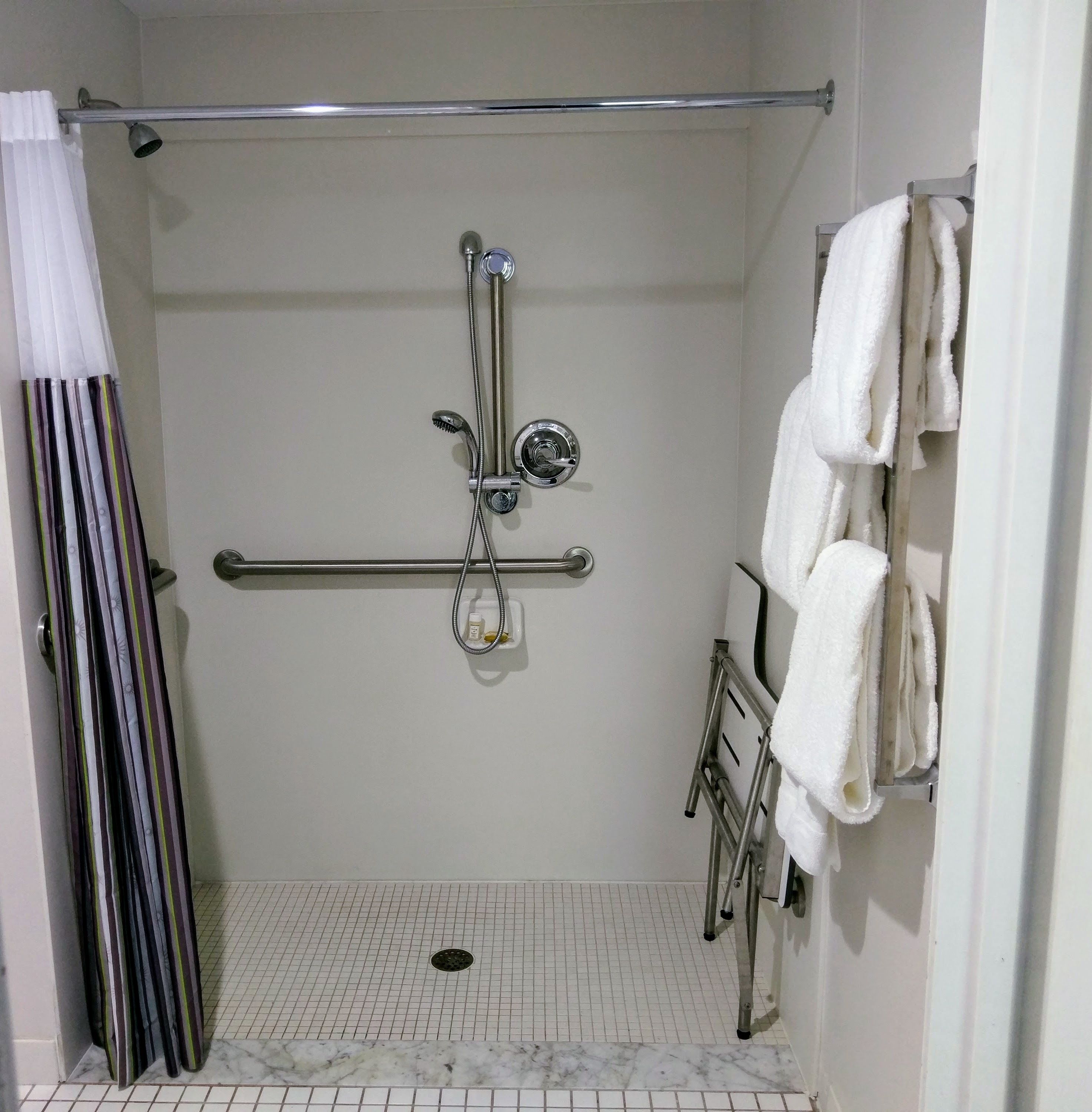 A walk-in shower with a grab bar, a towel rack, and a showerhead.