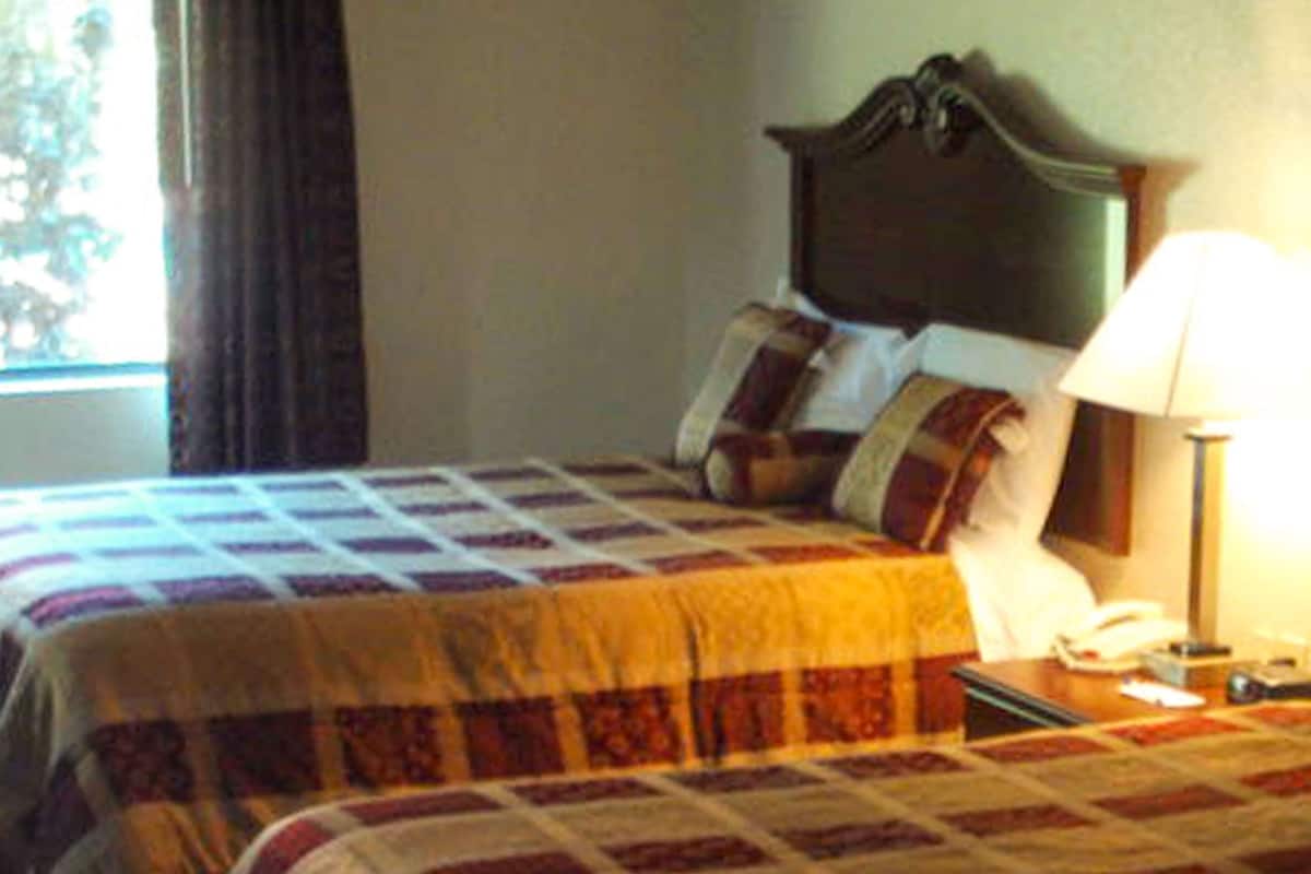 A hotel room with a bed, a bedside table with a lamp, and a window with curtains.