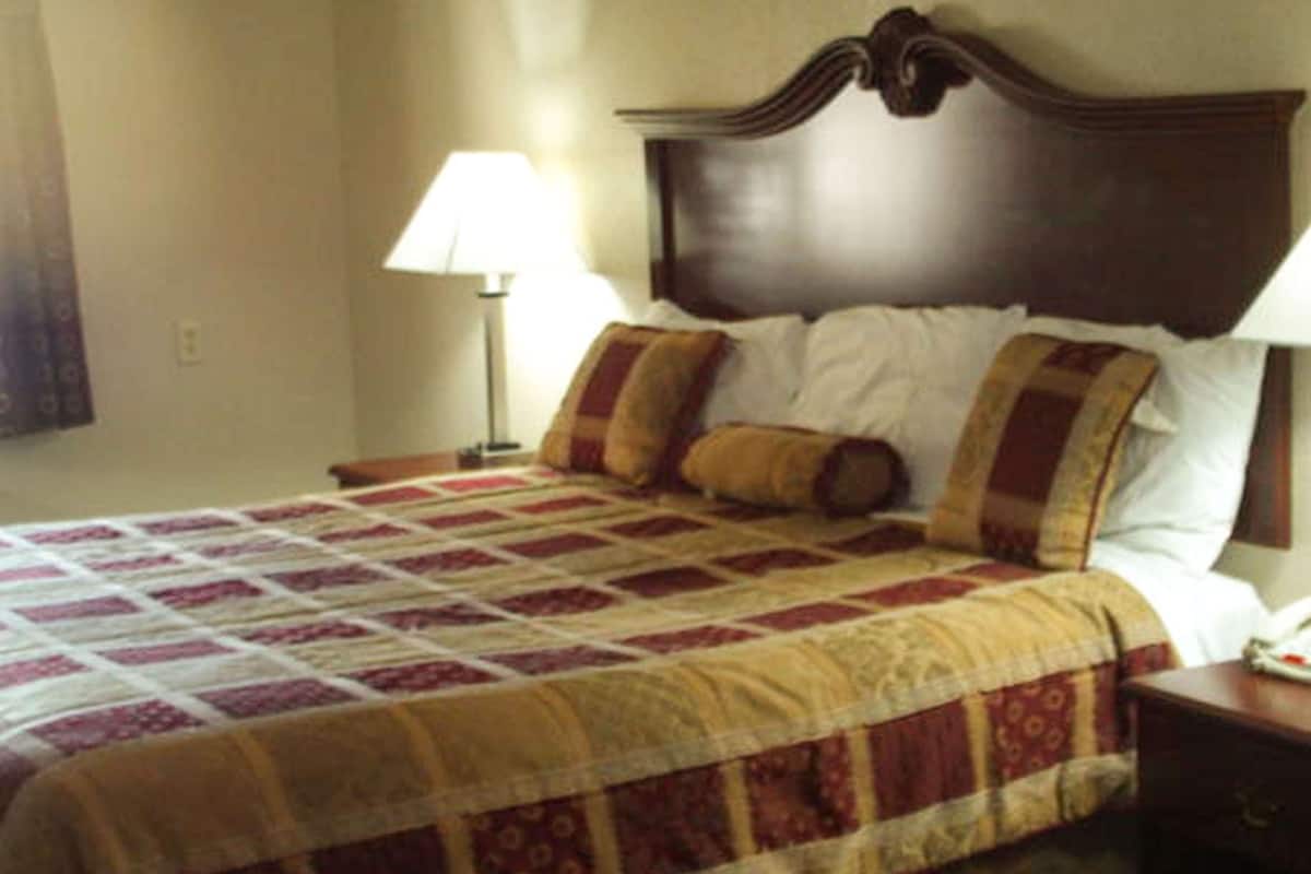 A hotel room with a large bed, a nightstand with a lamp, and a telephone.