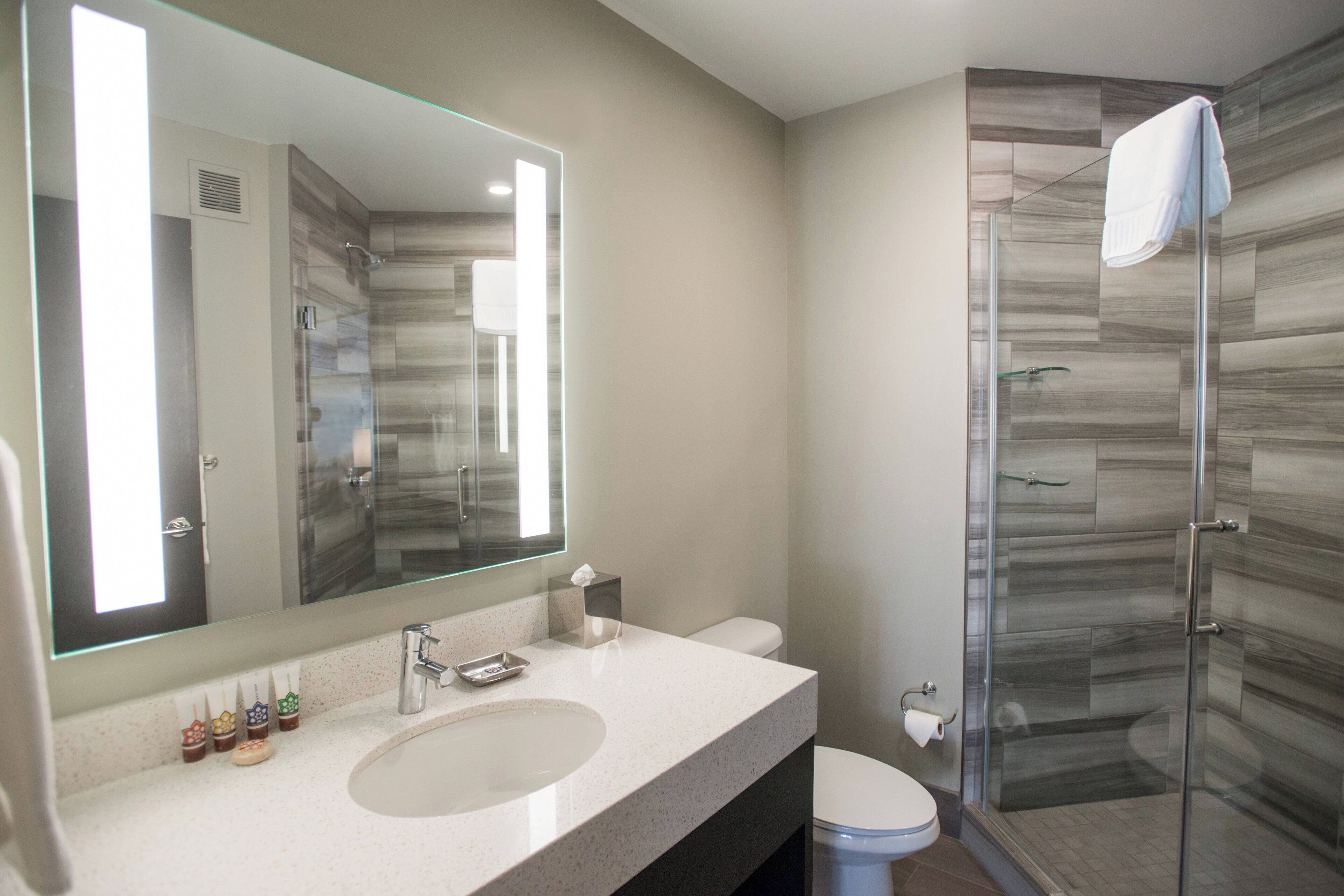 A modern bathroom with a large mirror, a sink, a toilet, and a glass shower enclosure.