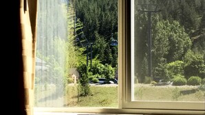 Una ventana con vistas a un área boscosa, un telesilla y un edificio.