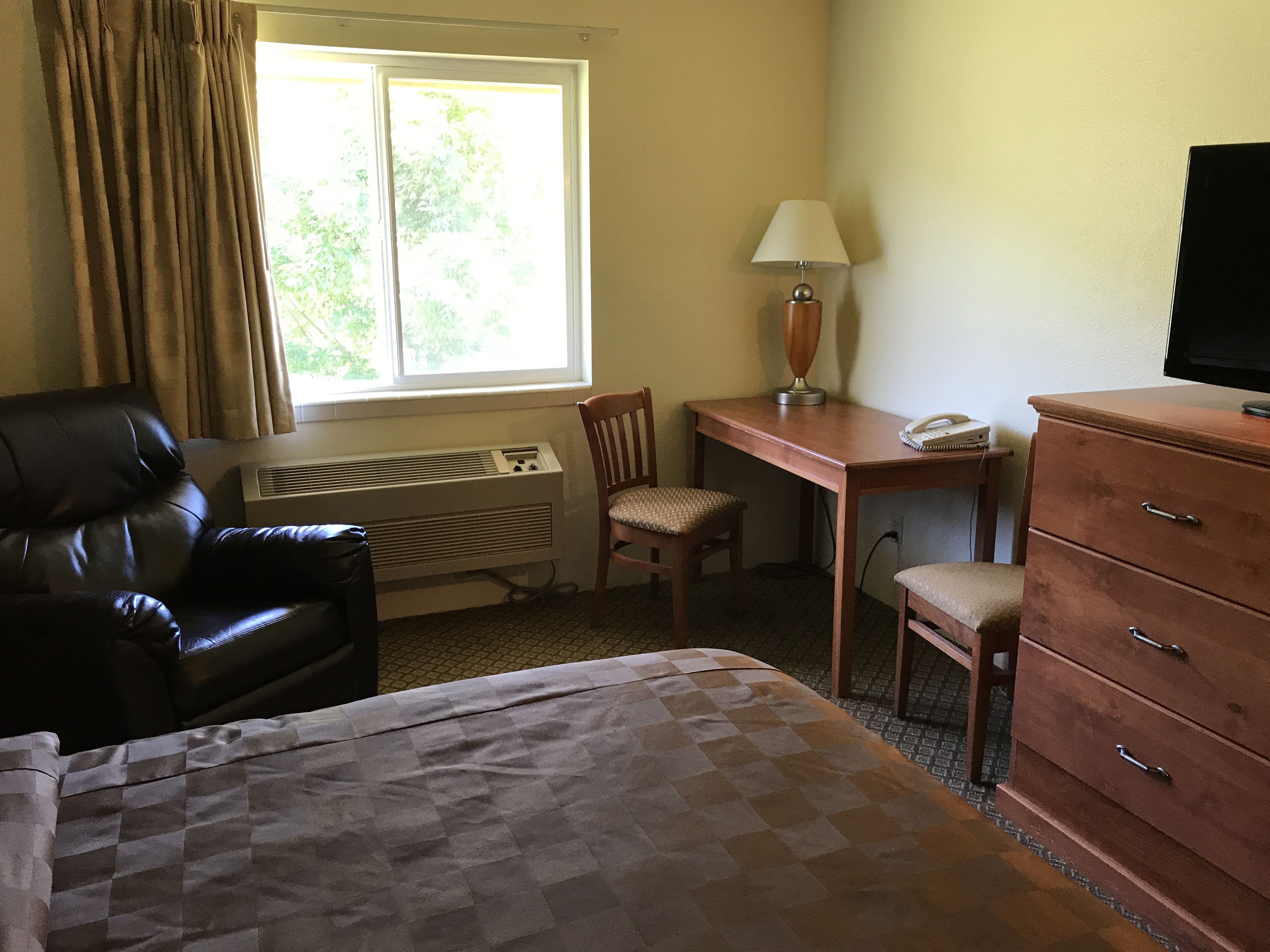 A hotel room with a bed, a desk, a chair, a dresser, a lamp, and a television.