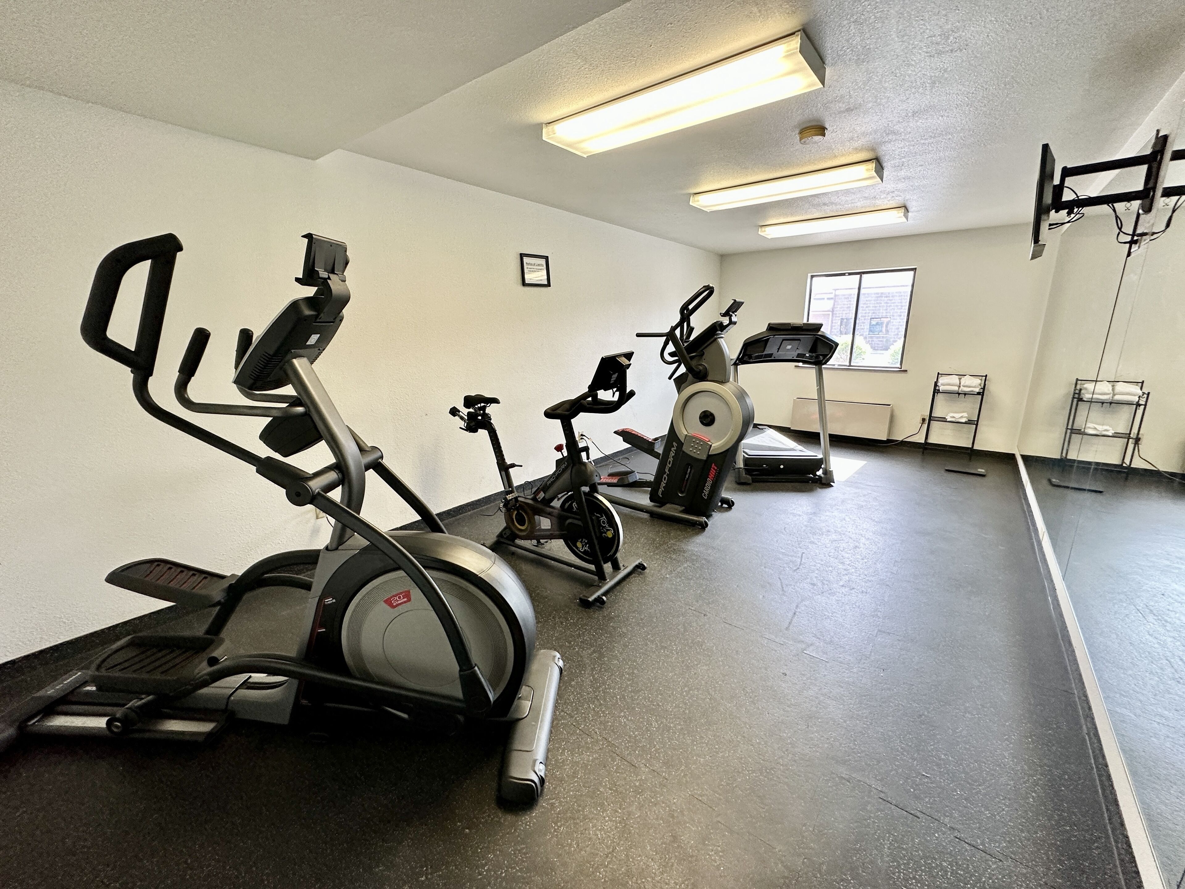 Ein Fitnessraum mit Ergometer, Crosstrainer und Laufband.