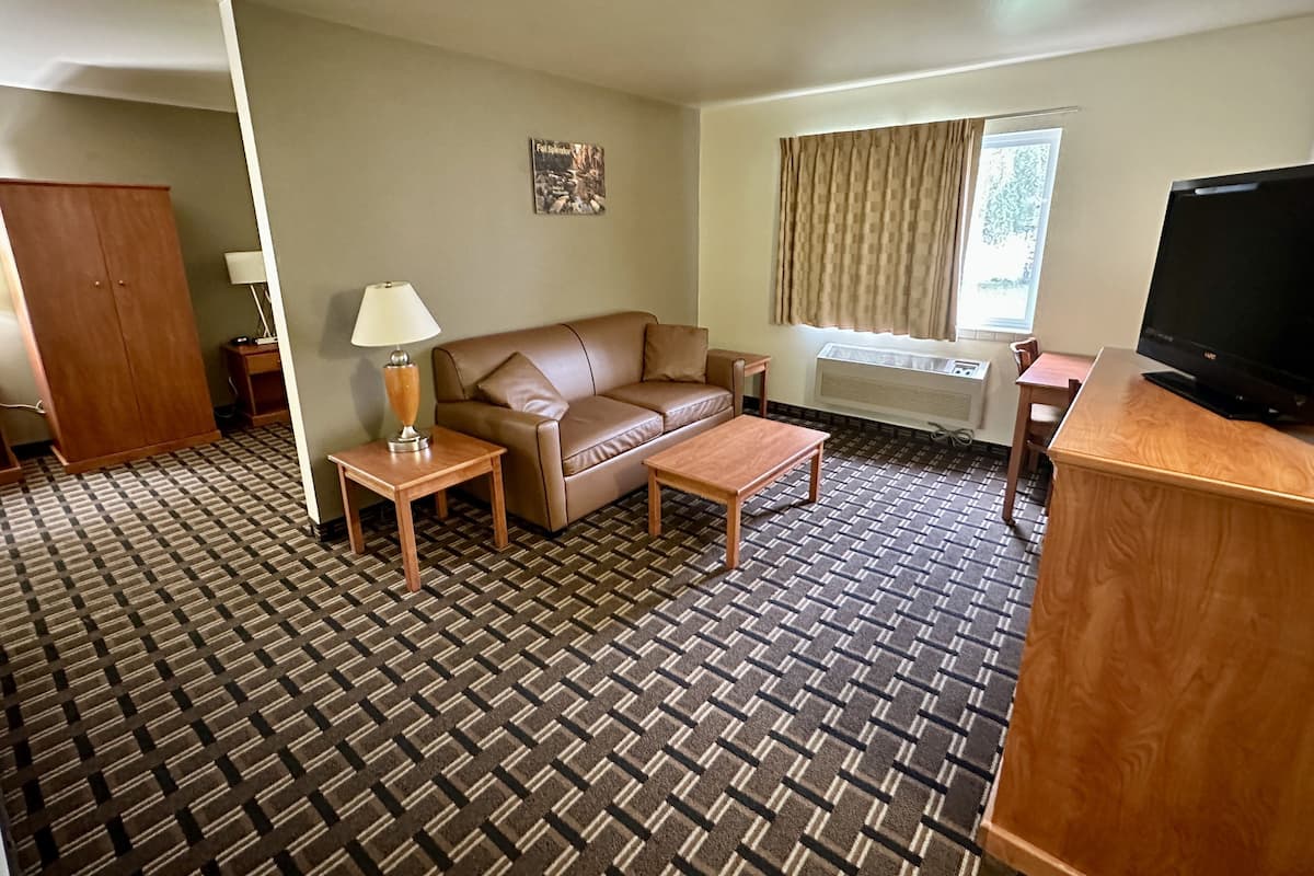 Habitación de hotel con alfombra marrón estampada, sofá de cuero marrón, mesa de centro de madera, televisor sobre un mueble de madera, ventana con cortinas y aire acondicionado montado en la pared.