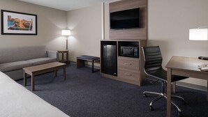 A hotel room with a sofa, a desk, a chair, a TV, a microwave, and a lamp.
