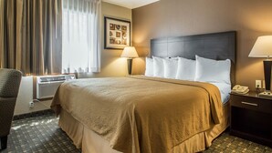 A hotel room with a large bed, two bedside lamps, a nightstand, and a chair. - Quality Inn & Suites Decorah (Decorah)