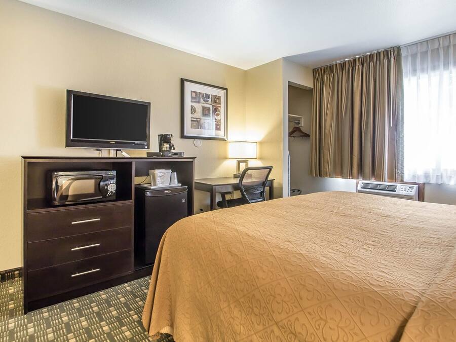 A hotel room with a bed, a desk with a chair, a television, a microwave, and a coffee maker.