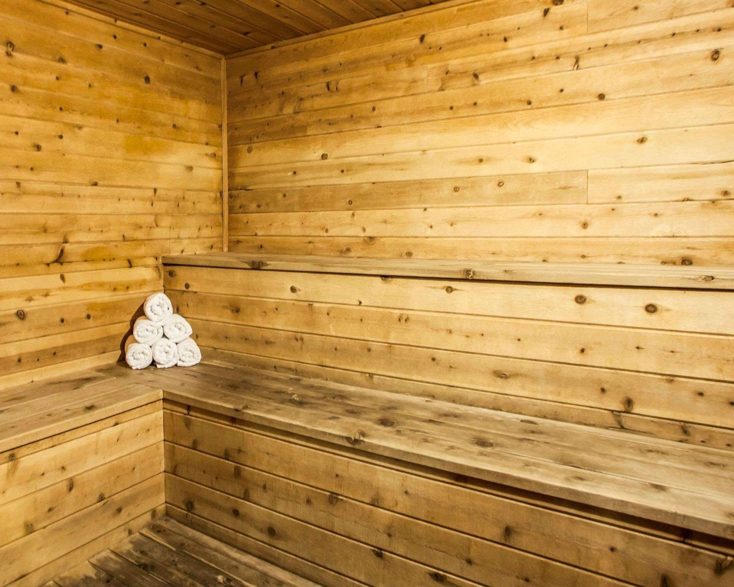 Un sauna con paredes y bancos de madera.