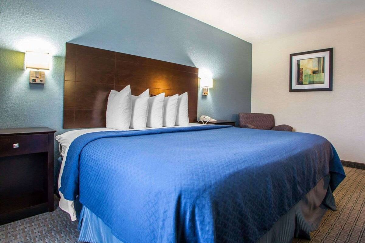 A hotel room with a large bed, a wooden headboard, a nightstand, a telephone, and a framed picture on the wall.
