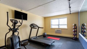 A gym with cardio equipment, a treadmill, an elliptical, a stationary bike, a red mat, and a rack of exercise balls.