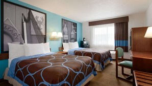 A hotel room with two beds, a desk, a chair, a TV, and artwork on the walls. - Super 8 by Wyndham Portland ME (Westbrook)