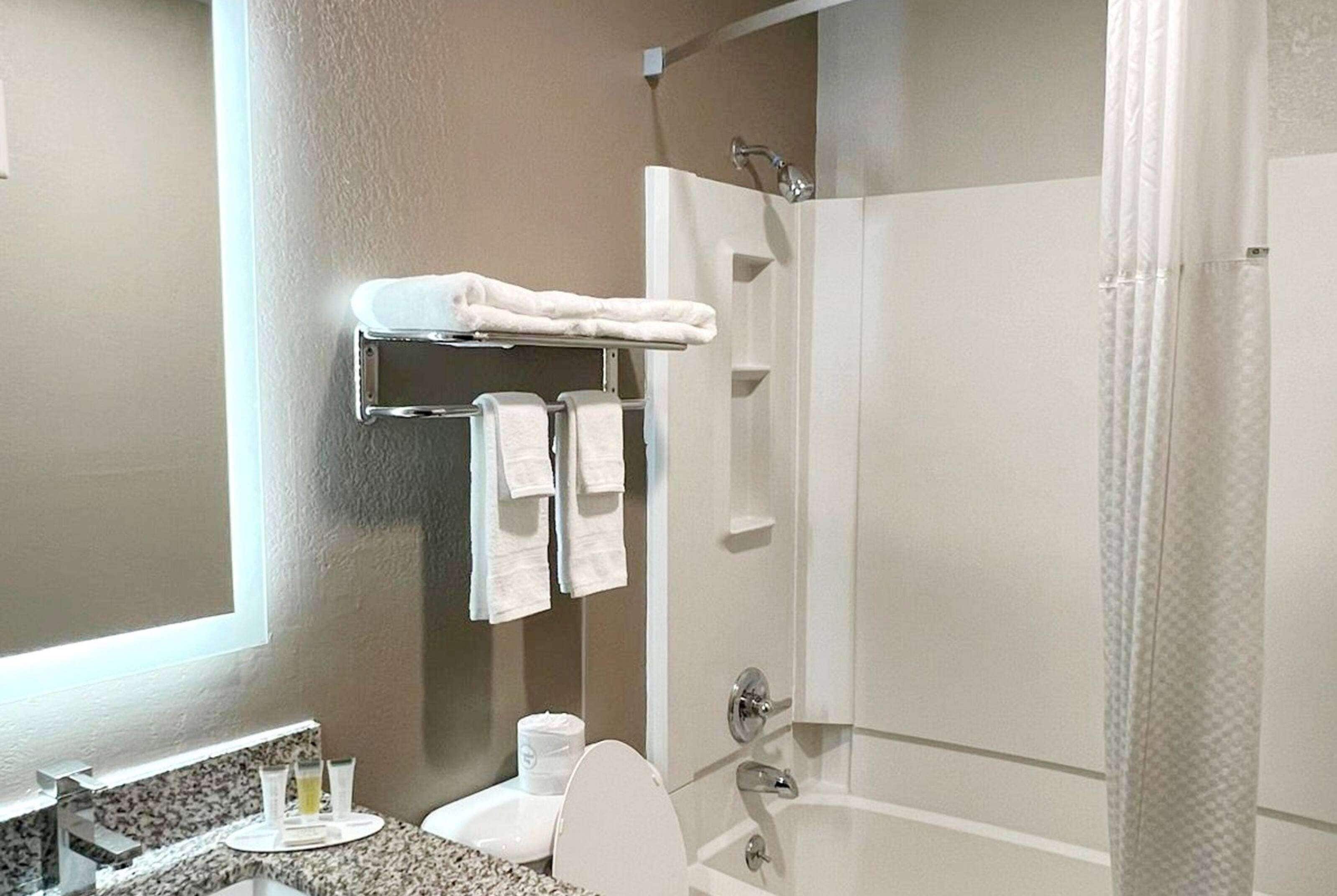 combined shower/bathtub, free toiletries, hair dryer, towels