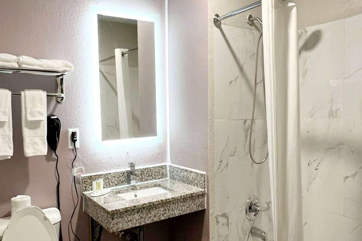 standard room, 1 queen bed, accessible, non smoking (mobility accessible) | bathroom | combined shower/bathtub, free toiletries, hair dryer, towels