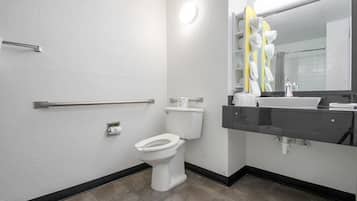 A modern bathroom with a toilet, a sink, a mirror, and a handrail.