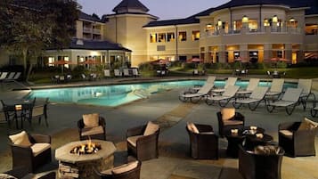 Indoor pool, outdoor pool, open 7:00 AM to 10:00 PM, pool umbrellas