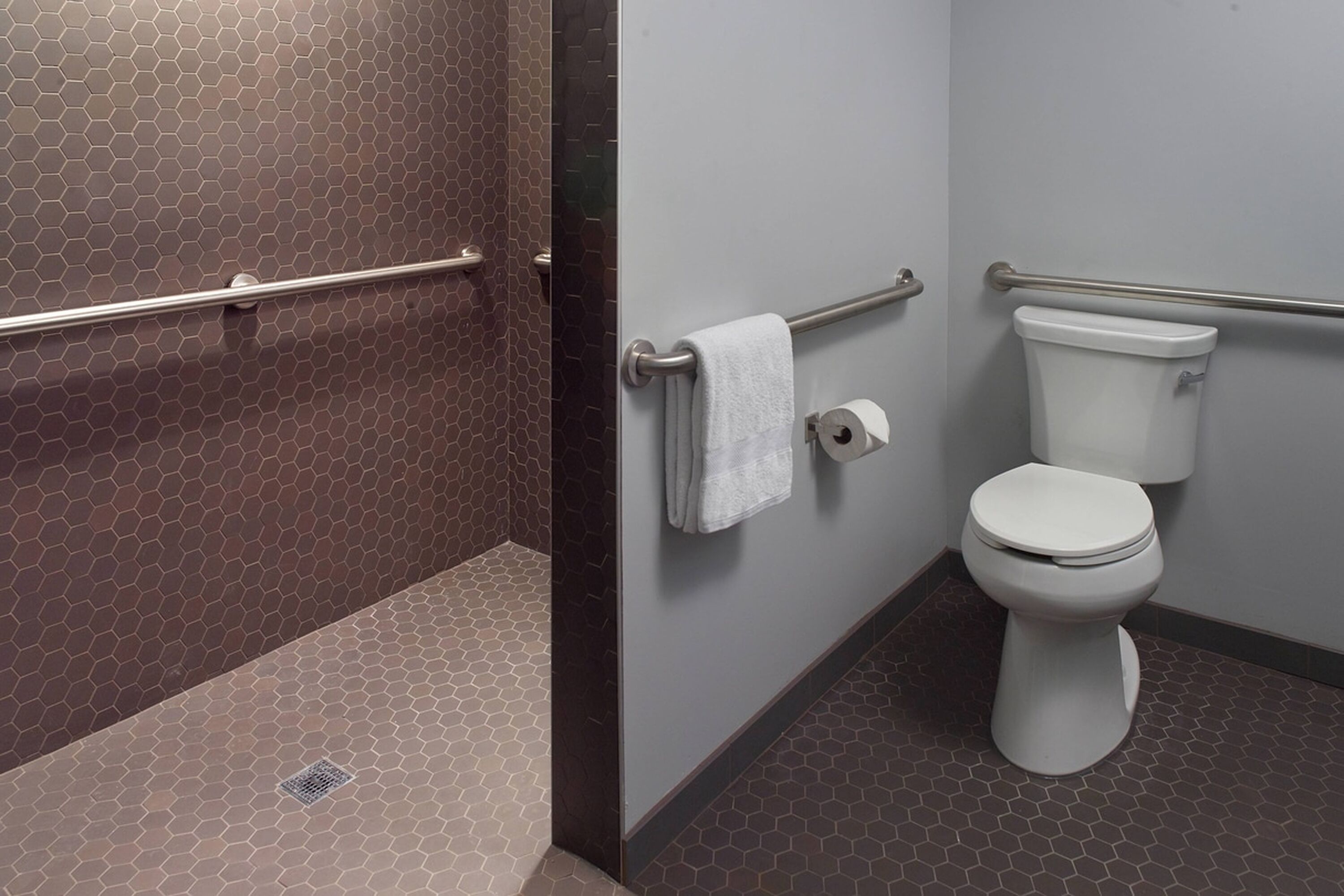 Un baño con suelo de baldosas hexagonales, un inodoro blanco, un perchero y un pasamanos.
