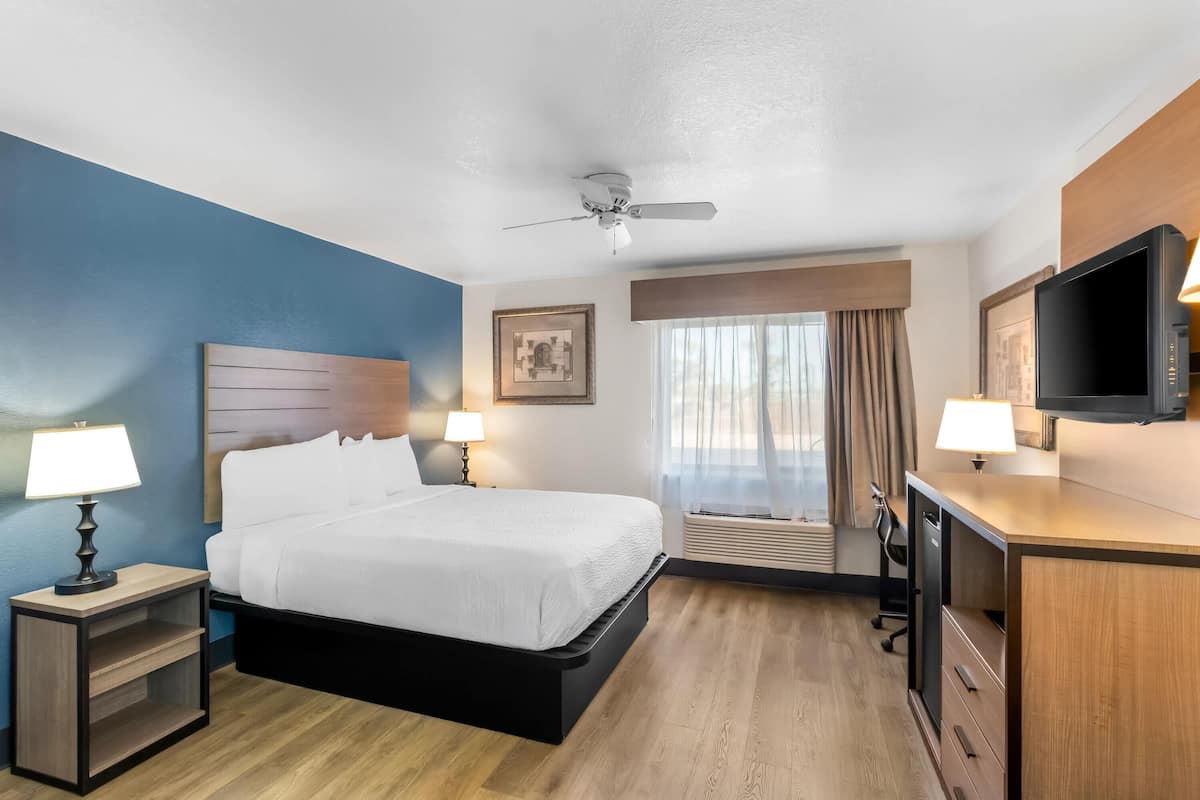 Habitación de hotel con cama, mesitas de noche, escritorio, televisor, ventilador de techo y ventana con cortinas.