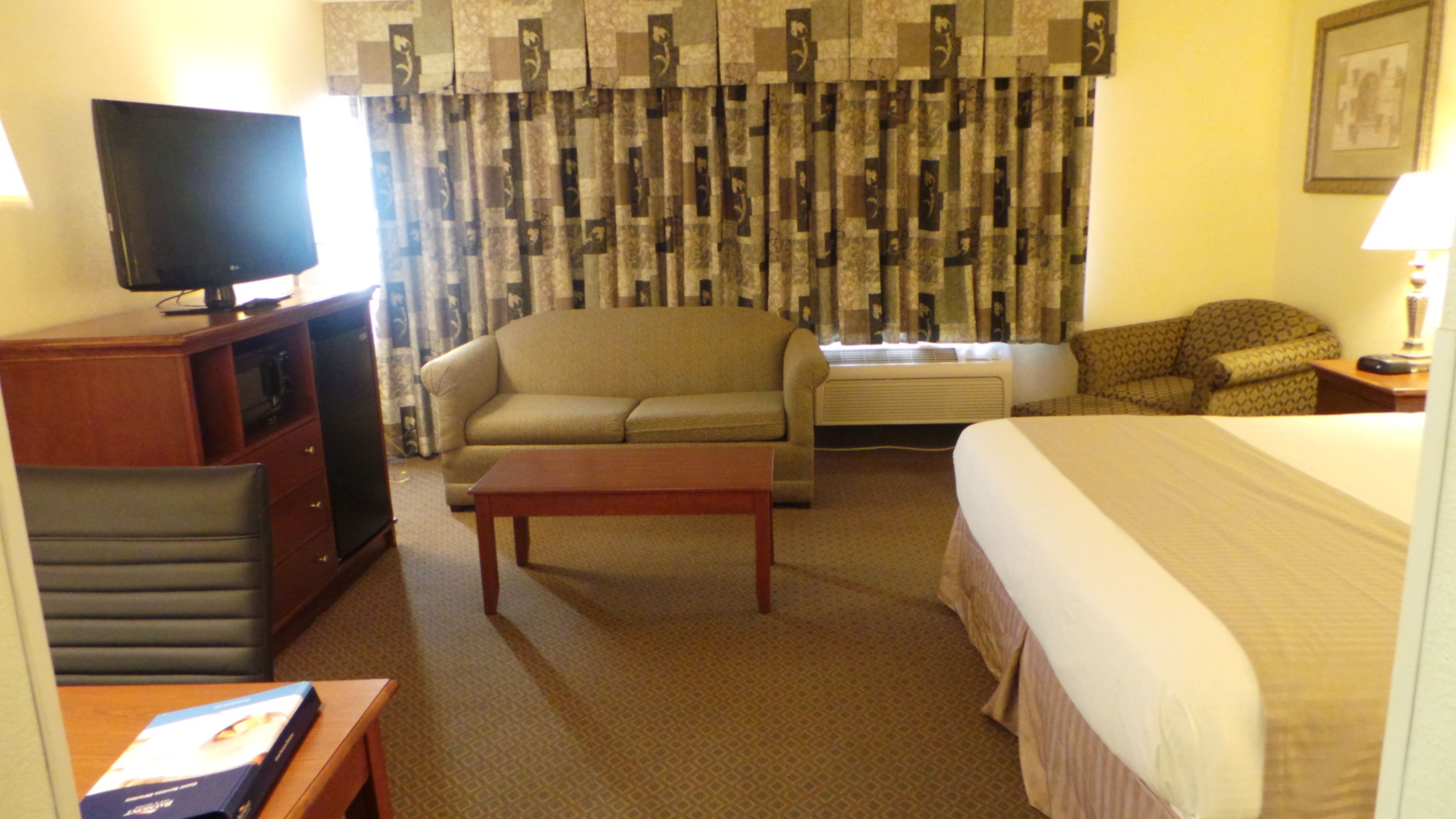 Una habitación de hotel con sofá, cama, televisión, escritorio y una silla.