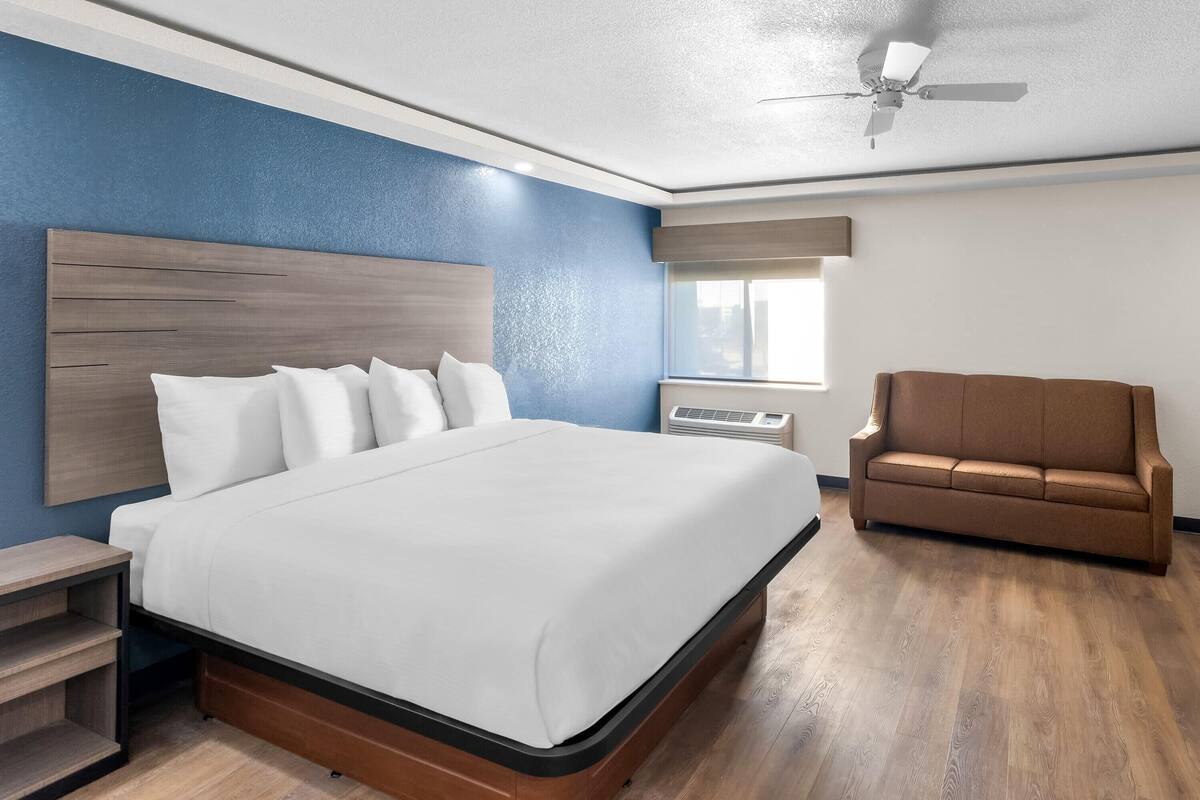 Habitación de hotel moderna con una cama grande, un sofá marrón, un ventilador de techo y una ventana con persianas.