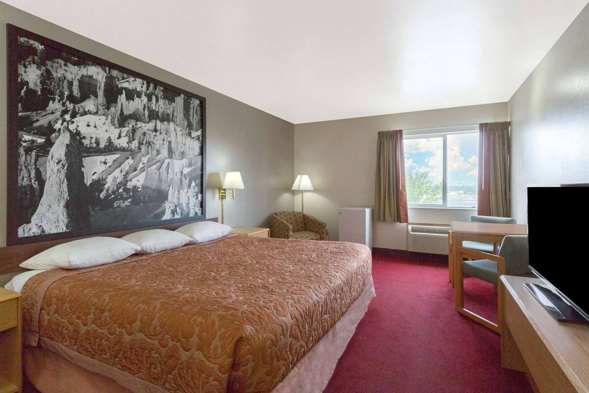 Una camera d'albergo con un letto grande, una scrivania con una sedia, una televisione e una finestra con tende.