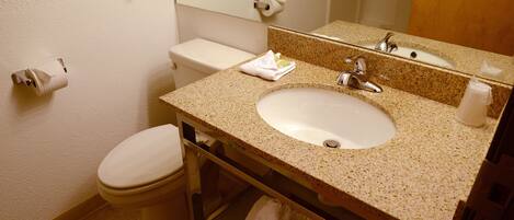 A bathroom with a sink, toilet, and mirror.