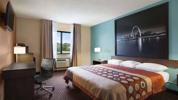 Desk, laptop workspace, blackout curtains, iron/ironing board