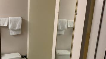 Combined shower/tub, free toiletries, towels