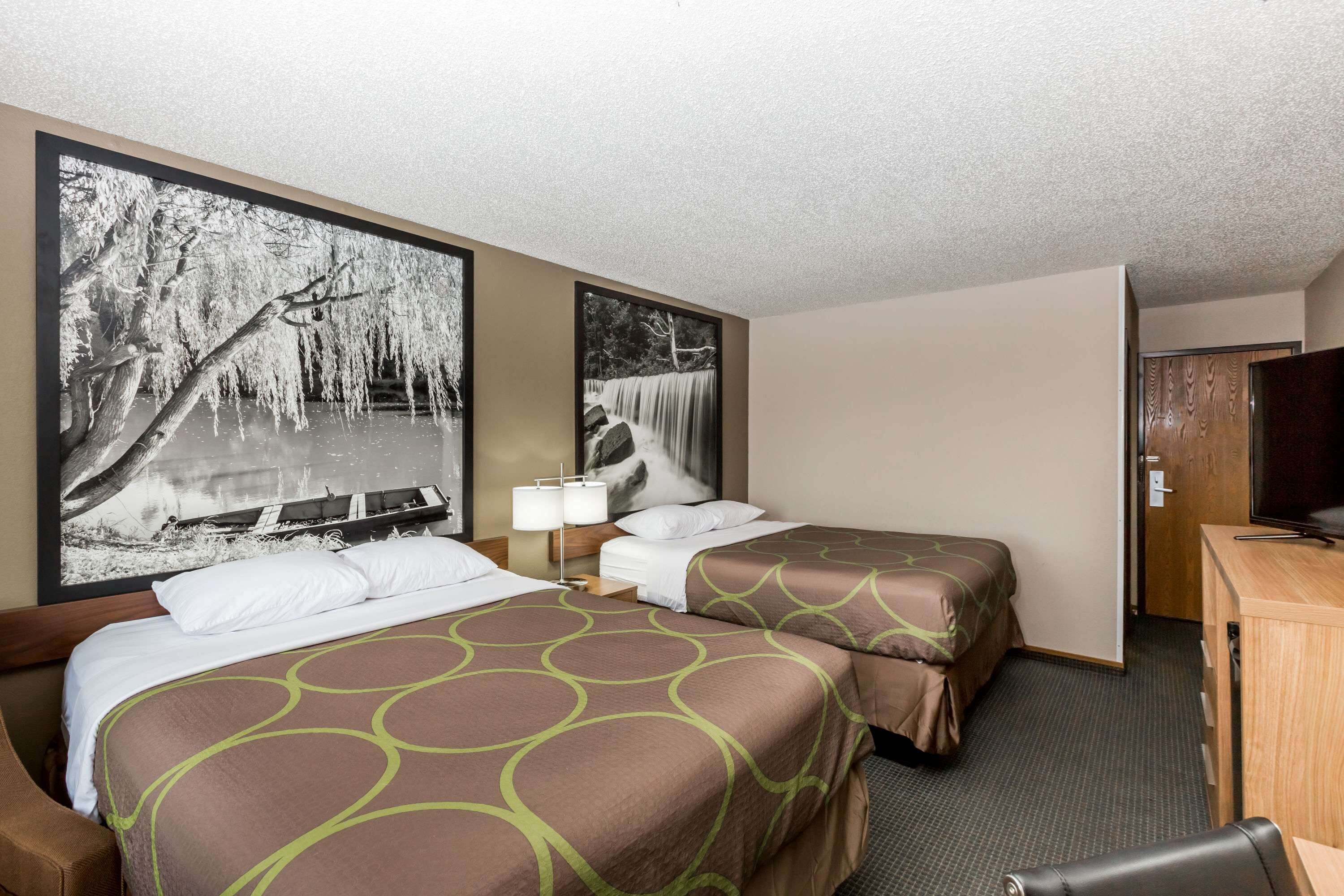 A hotel room with two beds, a desk, a TV, and two large wall-mounted pictures of waterfalls.