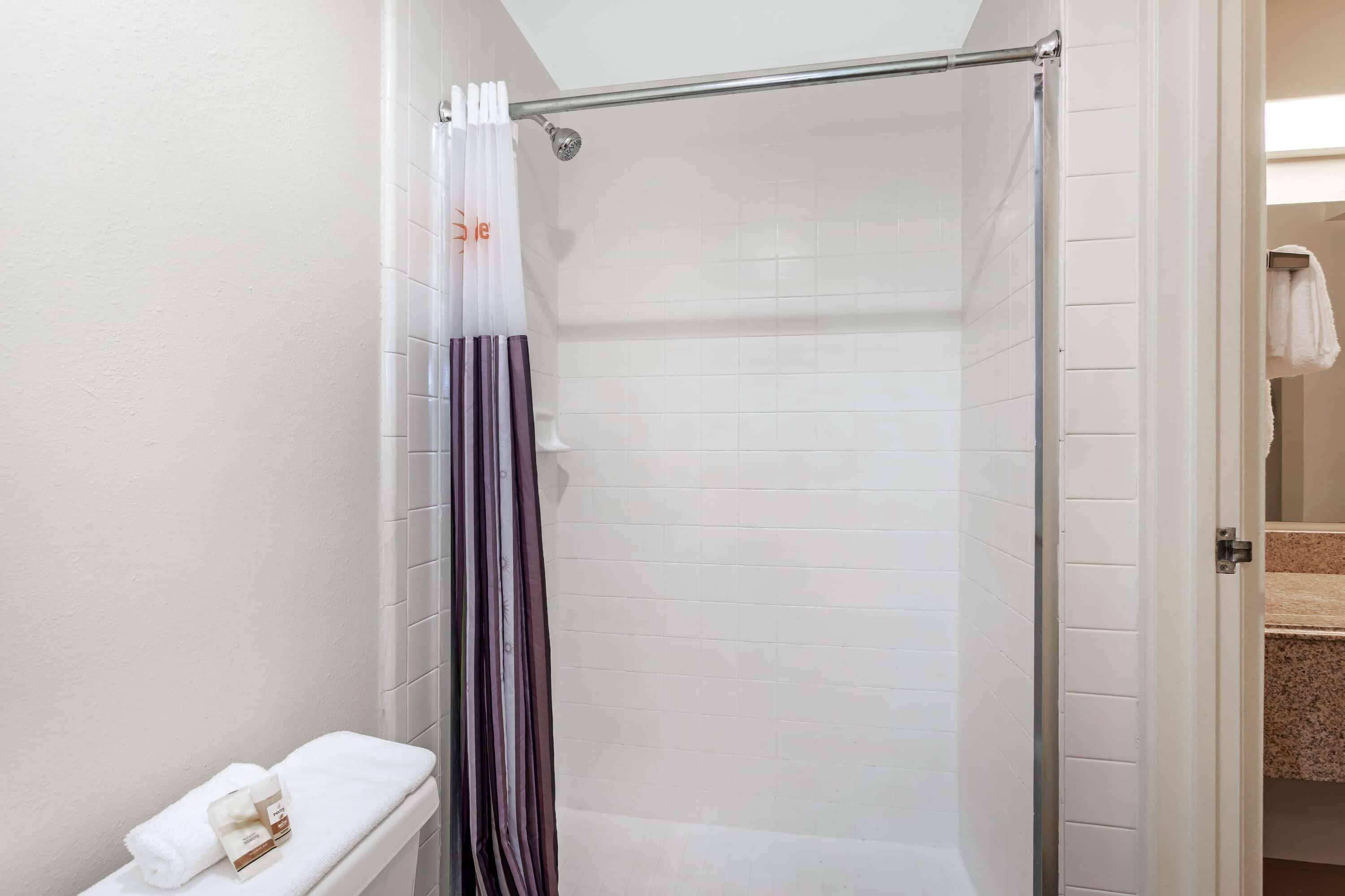 Combined shower/tub, free toiletries, hair dryer, towels
