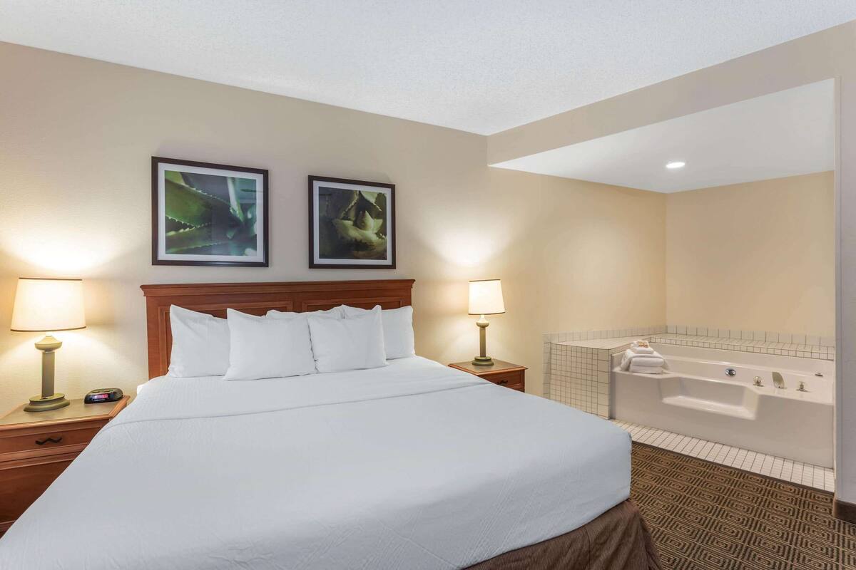 A hotel room with a large bed, two wall-mounted picture frames, a bedside table with a lamp, and a bathroom with a bathtub.