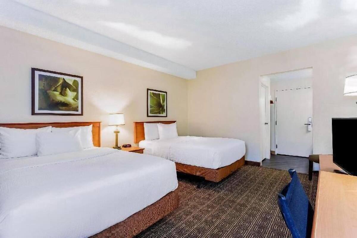 A hotel room with two beds, a TV, and artwork on the walls.