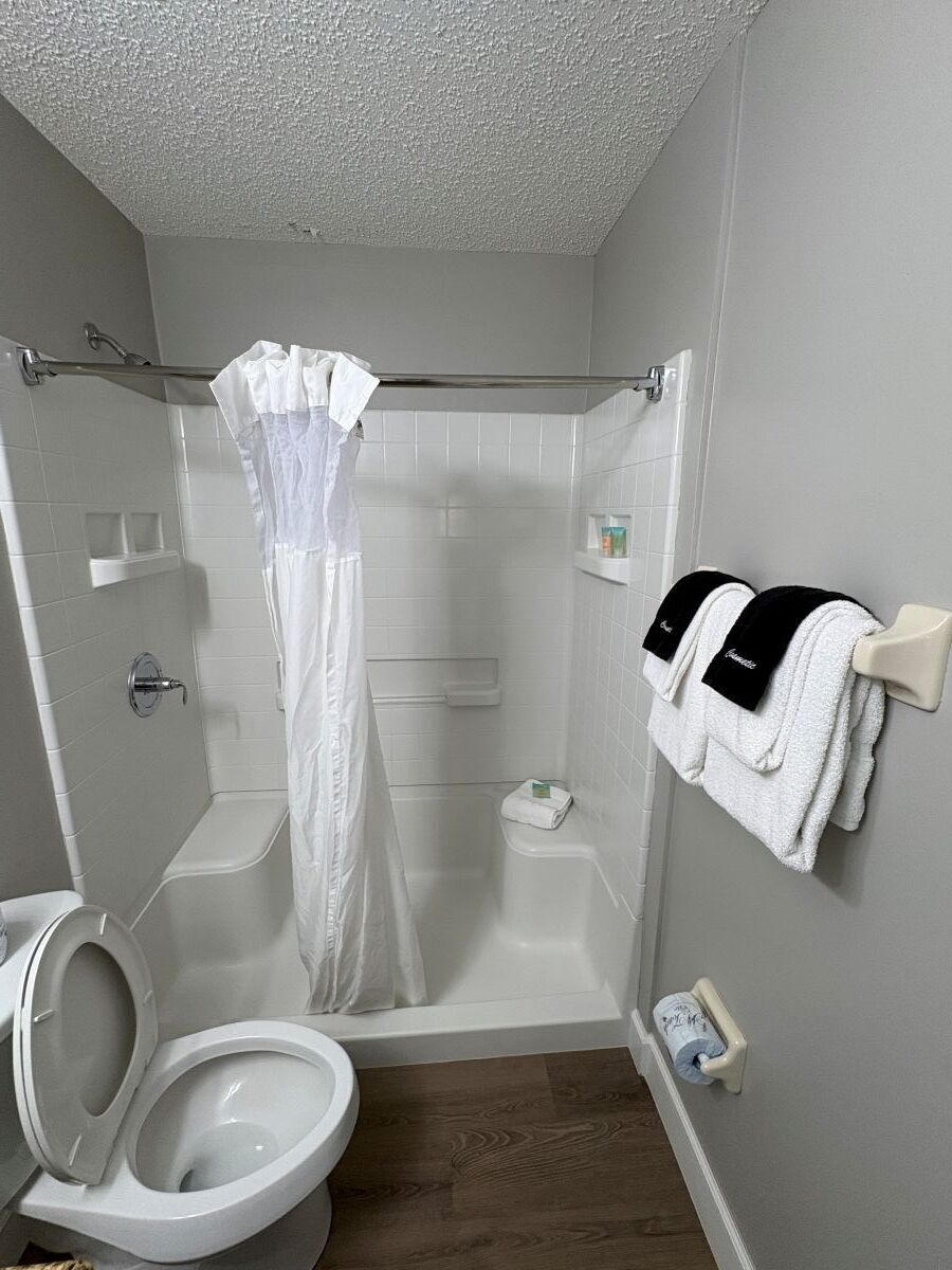 Une salle de bain équipée d’une douche, de toilettes et d’un porte-serviettes.