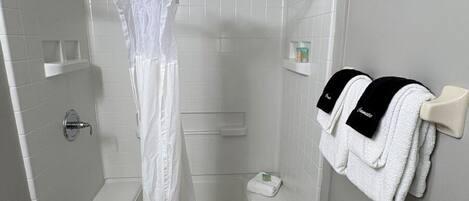 Une salle de bain équipée d’une douche, de toilettes et d’un porte-serviettes.