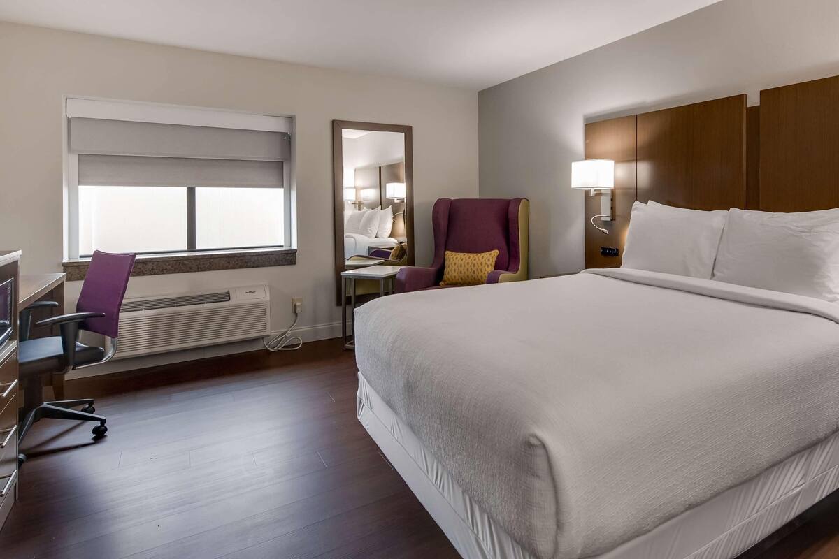 Ein Hotelzimmer mit einem großen Bett, einem Schreibtisch mit Stuhl, einem Fenster mit Jalousien, einem Heizkörper, einem Sessel mit Kissen und einem Nachttisch mit Lampe.