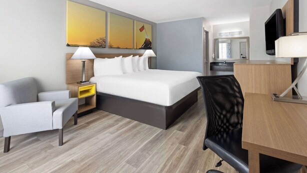 Una habitación de hotel con cama, escritorio, silla, mesita de noche y televisor.