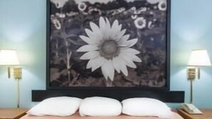 Un dormitorio con una cama, dos lámparas de noche, un cuadro enmarcado de una flor y una mesita de noche con un teléfono.