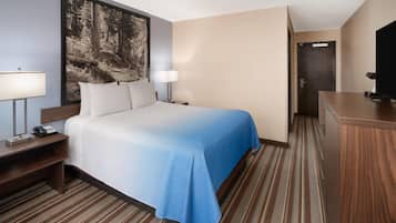 A hotel room with a bed, bedside lamps, a desk, a telephone, a television, and a door.