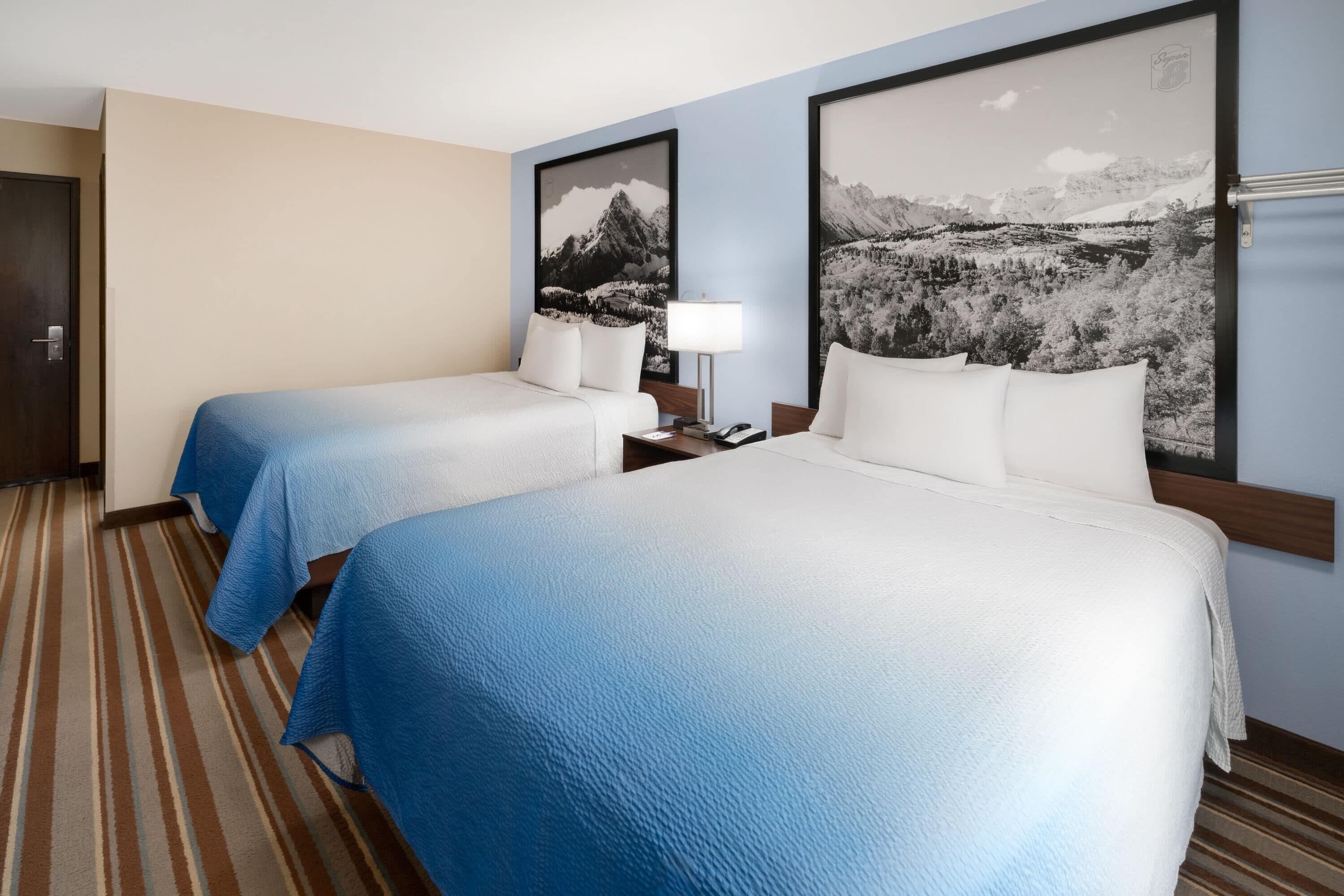 Ein Hotelzimmer mit zwei Betten, einem Streifenmuster-Teppich und zwei großen Landschaftsbildern an den Wänden.
