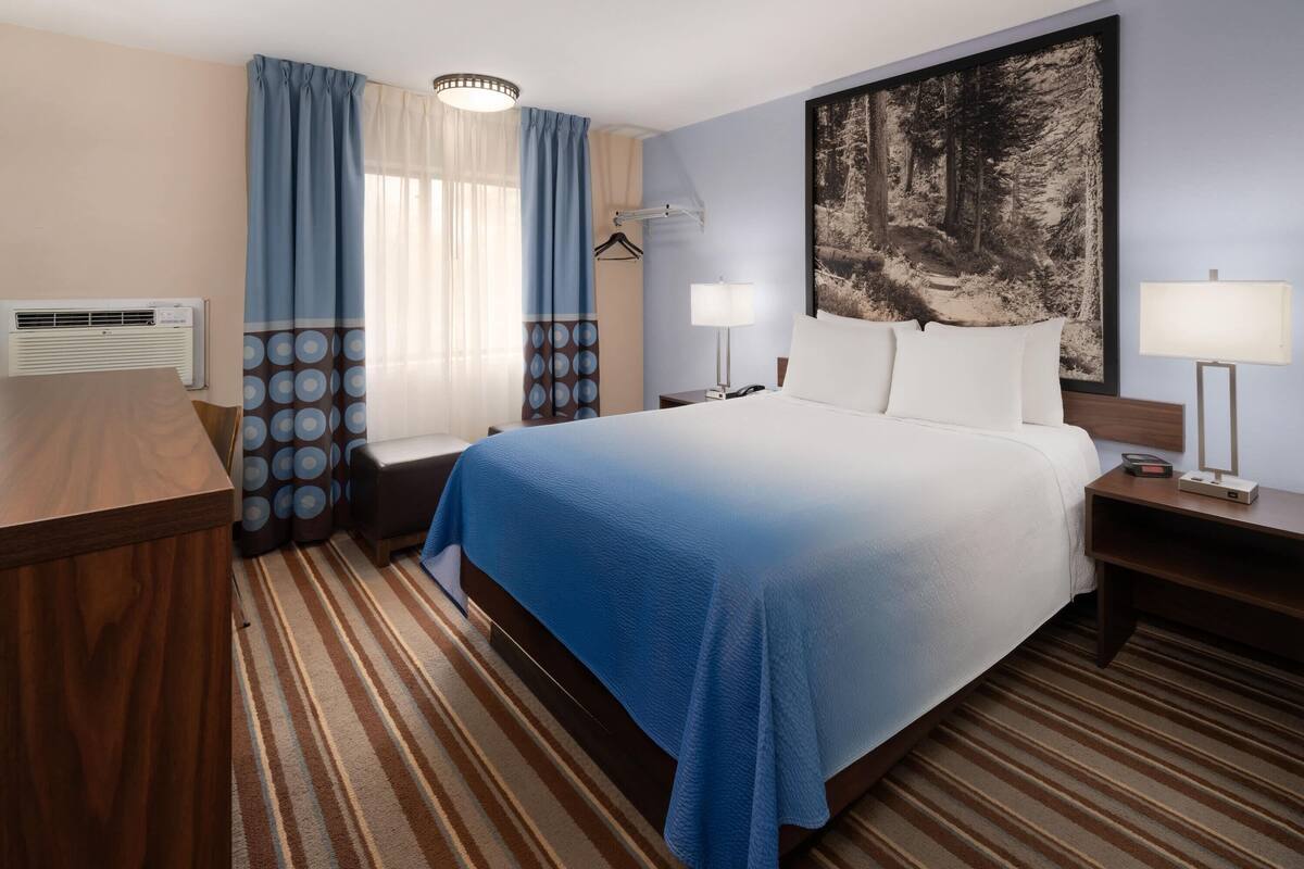 A hotel room with a bed, bedside tables, a desk, a chair, a hanging coat rack, a large painting, and a window with curtains.