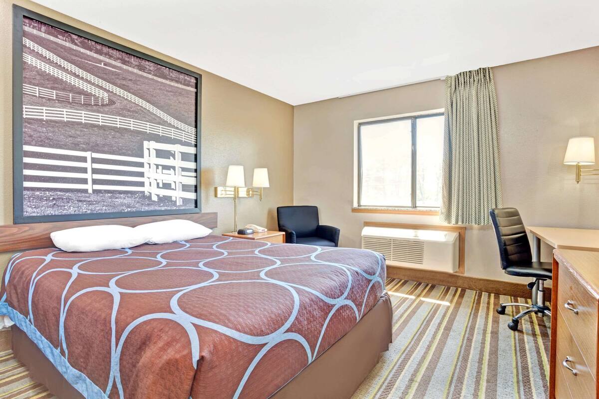 Camera d'hotel con un letto grande, una scrivania, una sedia, una finestra con tende e una TV a parete.