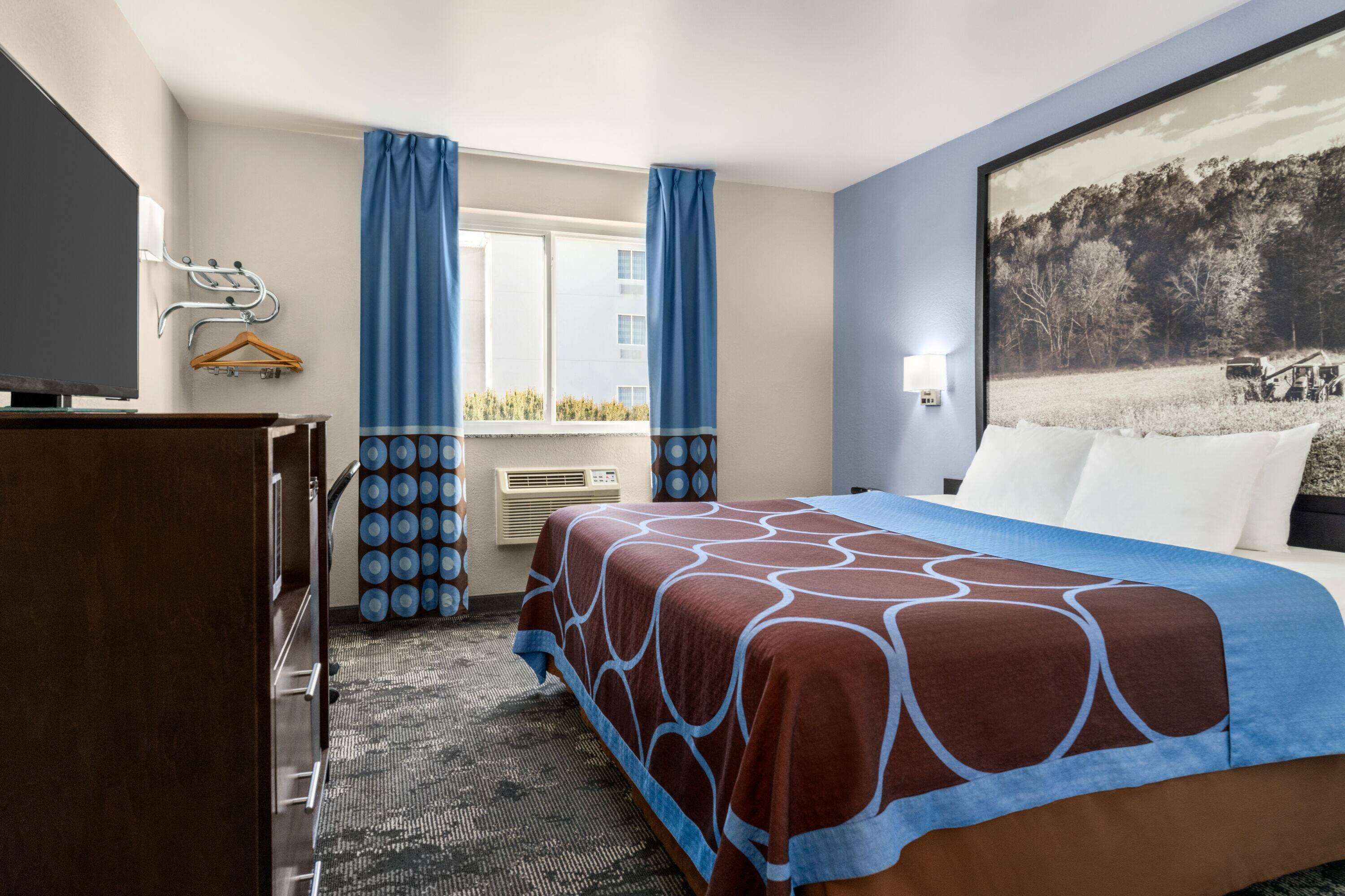 Una camera d'albergo con un letto, una cassettiera, una finestra con tende e un quadro appeso al muro, oltre a una vista su un campo.