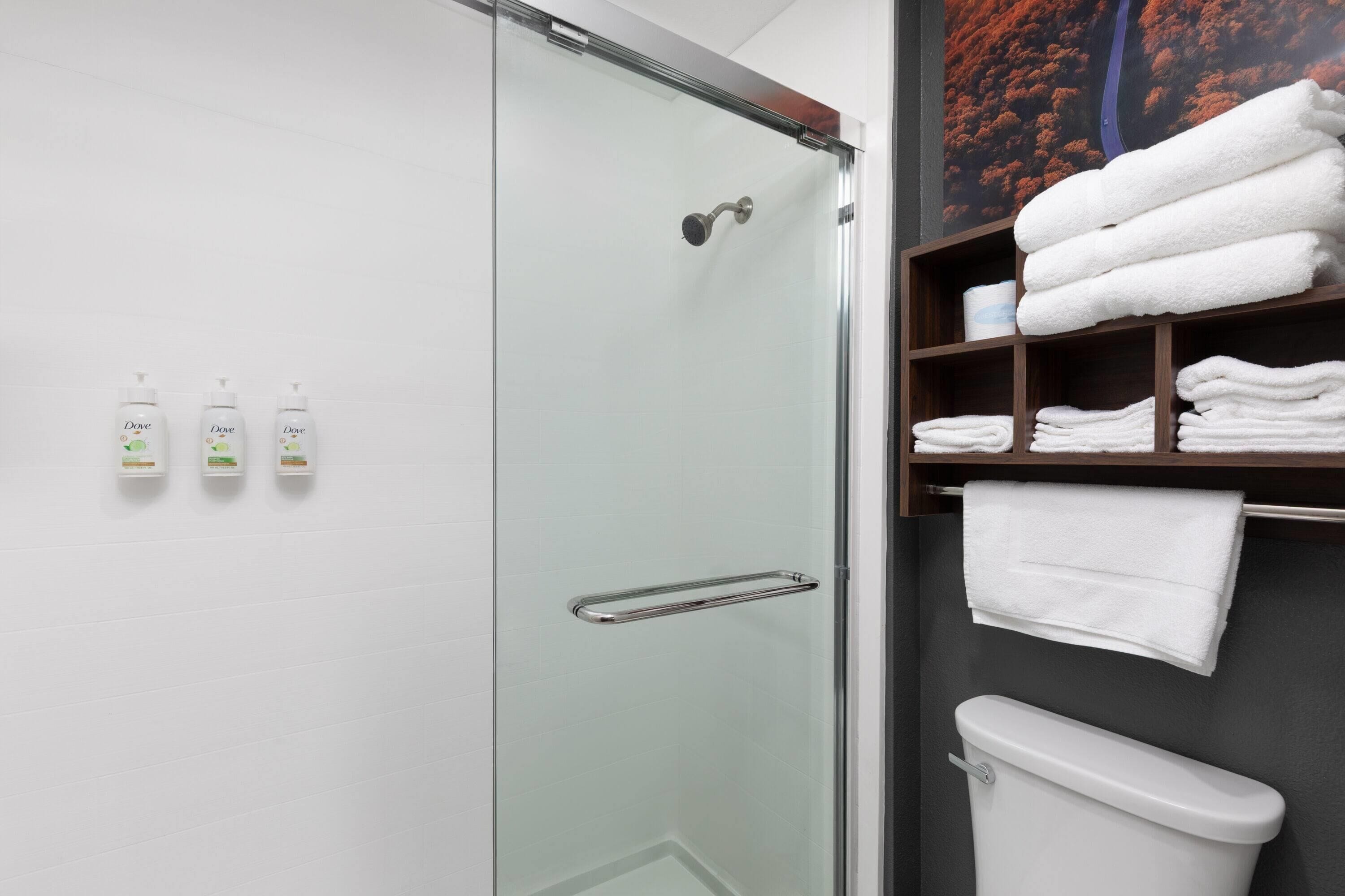 A modern bathroom with a glass shower enclosure, a toilet, and a shelf with folded towels.