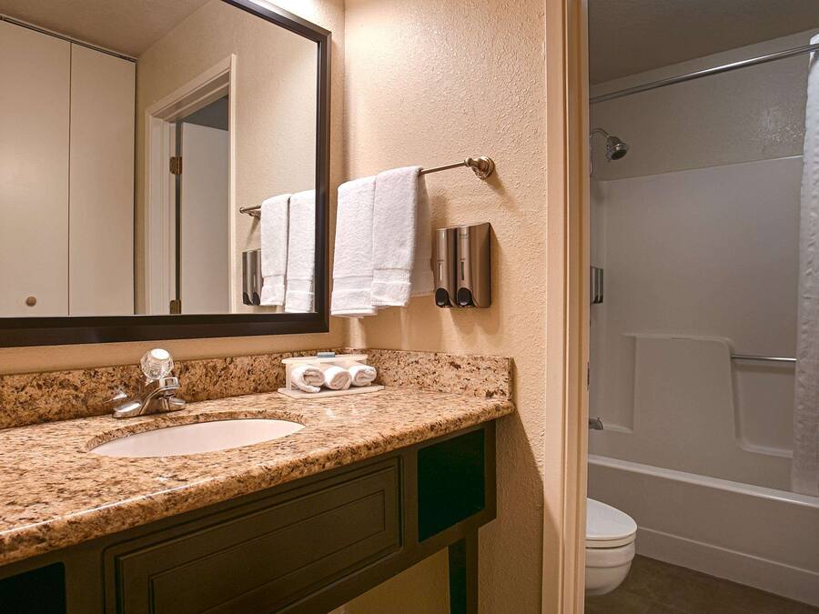 A bathroom with a granite countertop sink, a mirror, a towel dispenser, and a shower with a curtain.