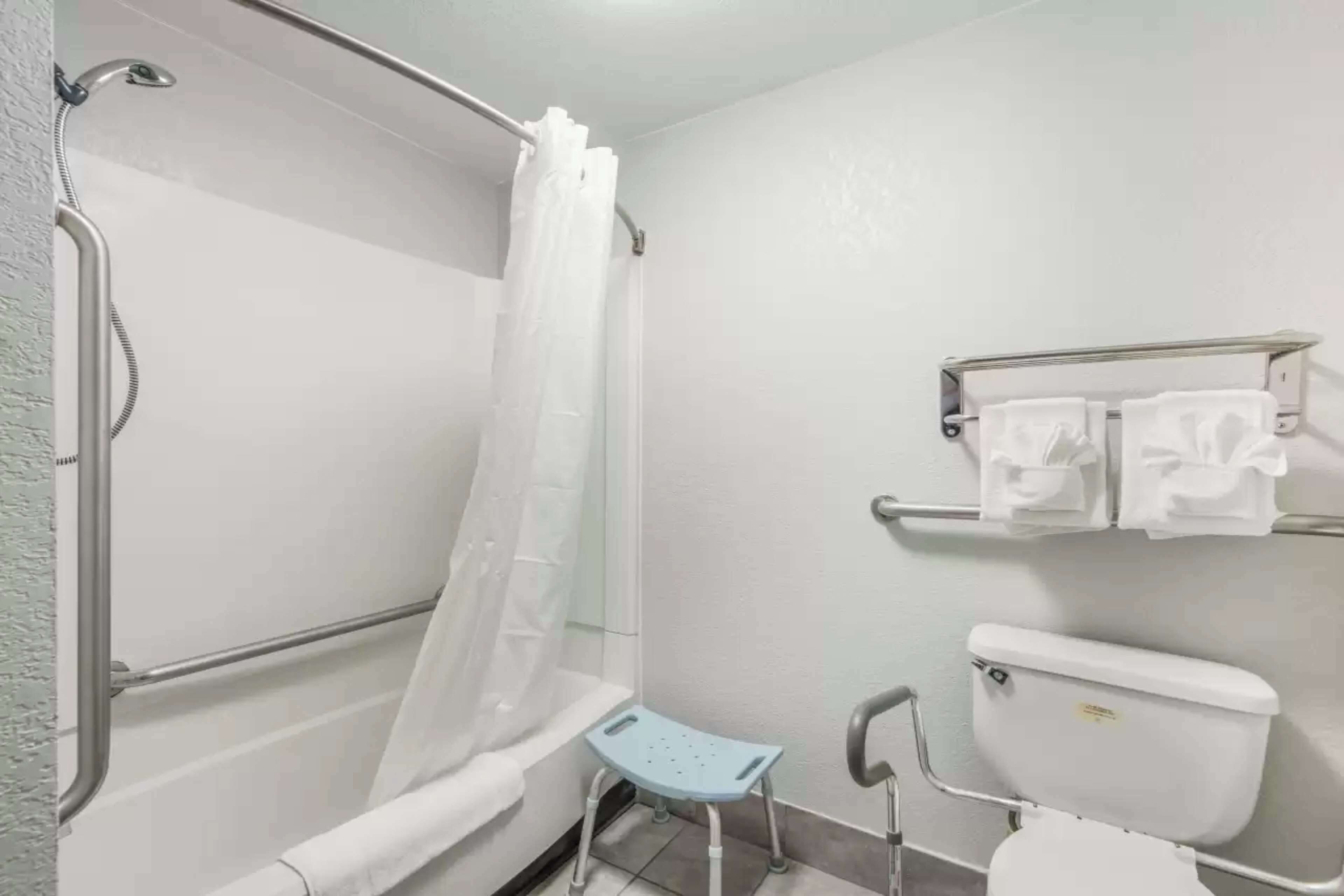 A bathroom with a shower, toilet, and grab bars.