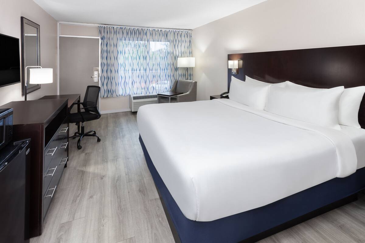 A hotel room with a large bed, a desk with a chair, a TV, and a window with patterned curtains.
