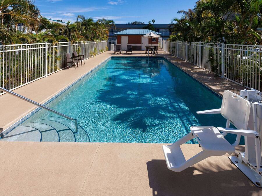A rectangular swimming pool with clear blue water, surrounded by a white fence, and shaded by palm trees.
