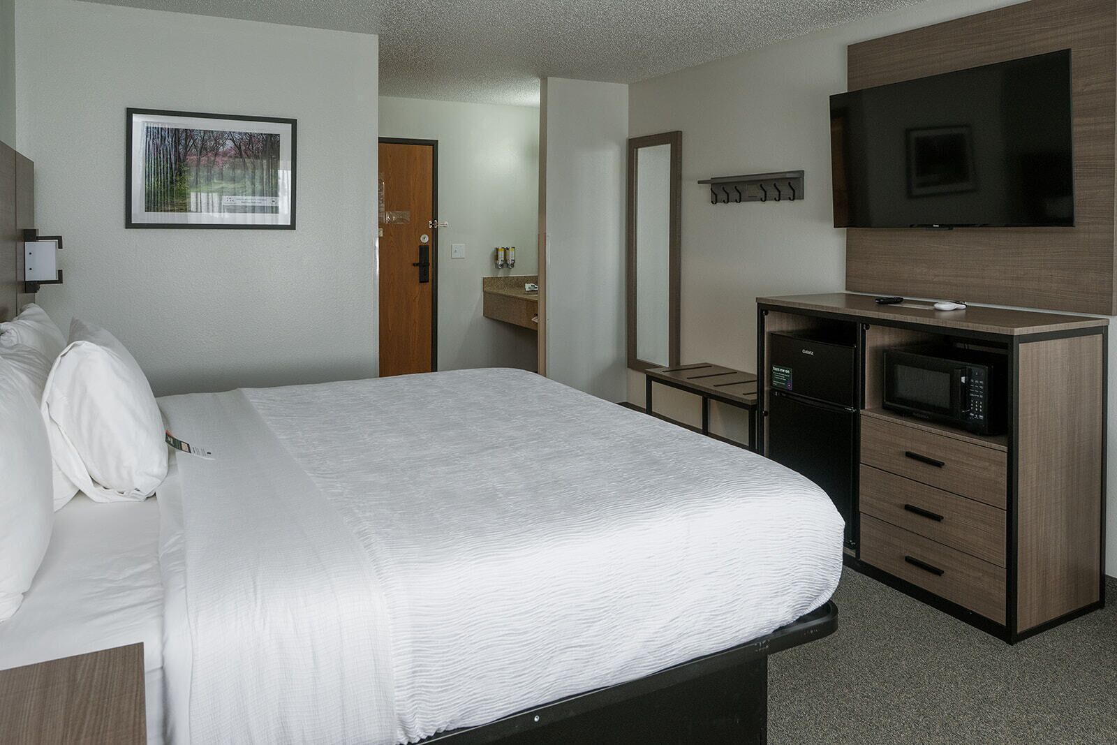 Habitación de hotel con cama, televisor, microondas y un mueble pequeño.