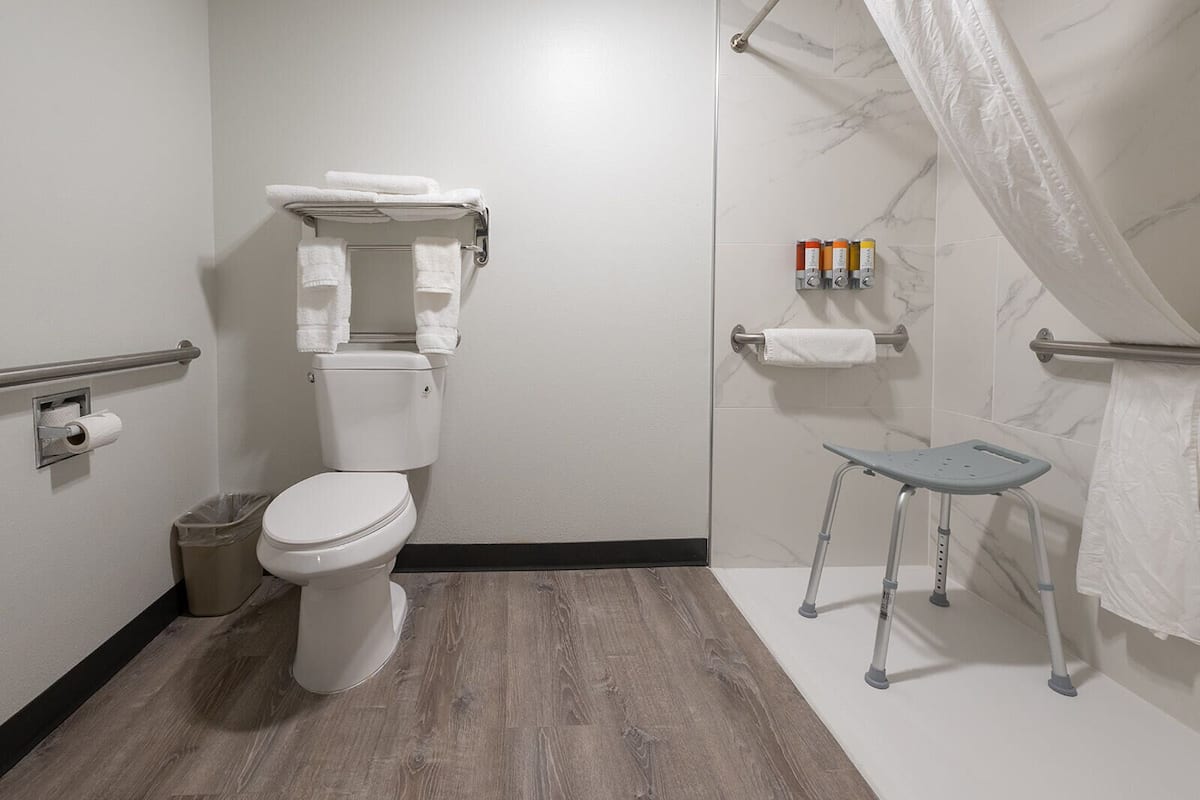 Habitación estándar, 1 cama King size, regadera para personas con discapacidad, planta baja | Baño para personas con discapacidad