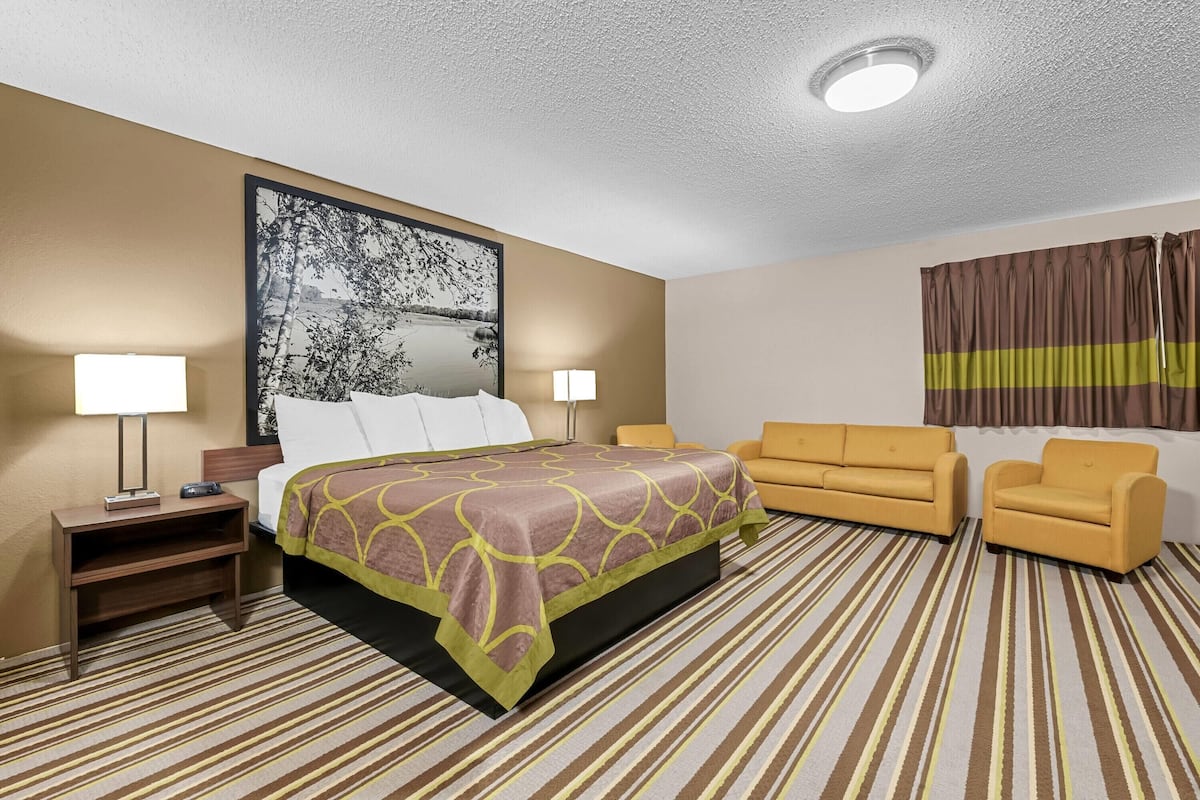Une chambre d’hôtel avec un lit, deux tables de chevet, un canapé, une chaise, un grand tableau au mur et un tapis à rayures.